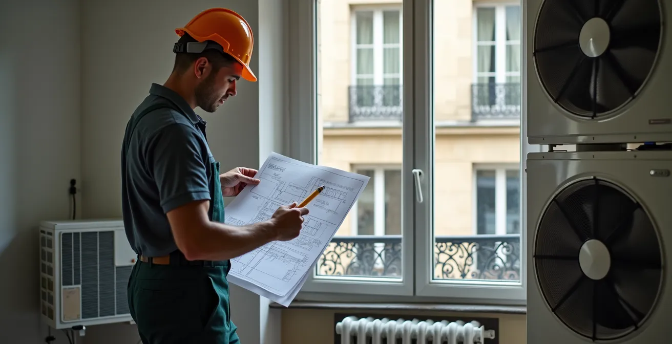 Vue symbolique d'un expert évaluant un plan d'installation de climatisation dans un appartement parisien