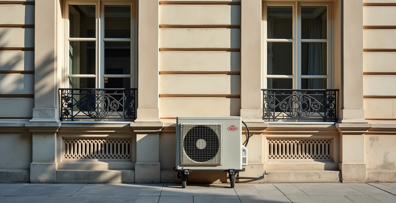 Vue d'ensemble d'un immeuble haussmannien avec intégration discrète d'unités de climatisation