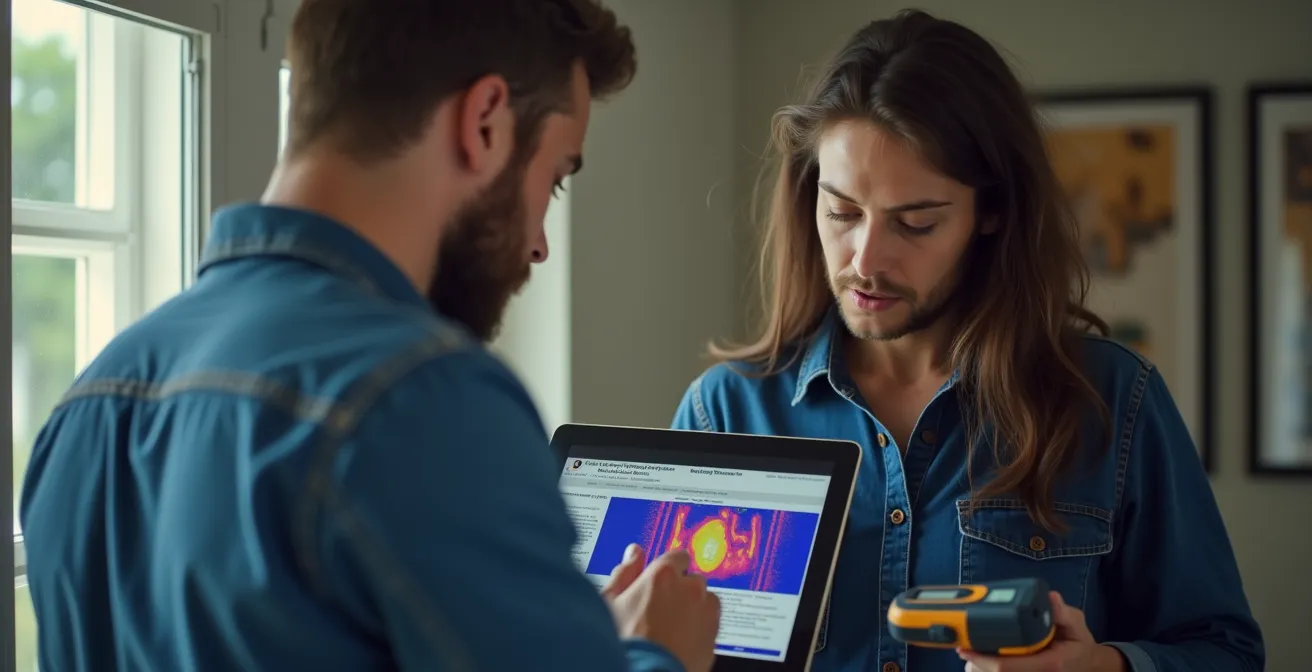 Technicien effectuant une évaluation chez un client avec tablette et outils techniques
