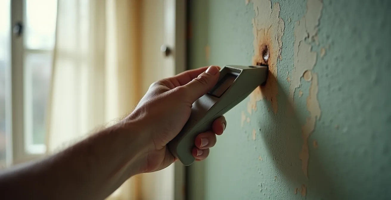 Main tenant un détecteur d'humidité contre un mur avec traces d'infiltration cachées