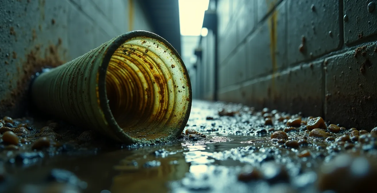 Vue macro d'un tuyau de drainage mal installé avec coude excessif créant une zone de rétention