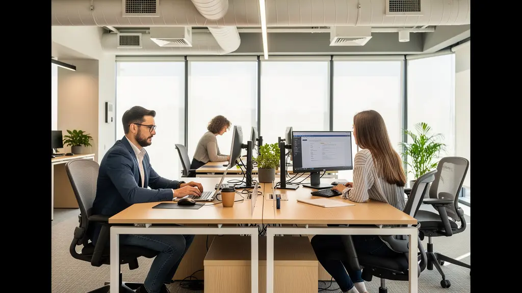 Espace de bureaux moderne climatisé avec employés travaillant dans un environnement confortable
