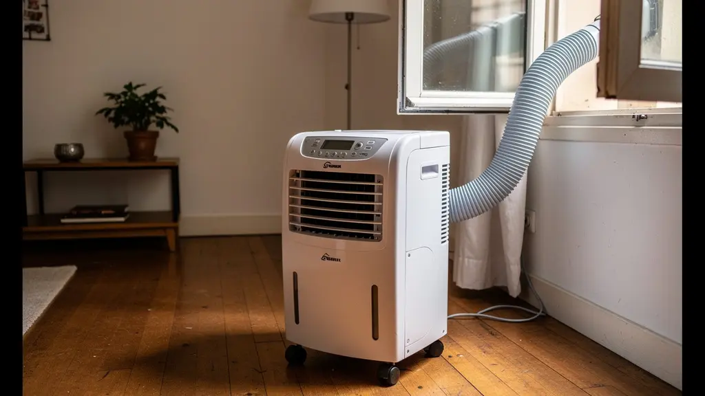Climatiseur mobile monobloc installé dans un appartement avec gaine vers fenêtre
