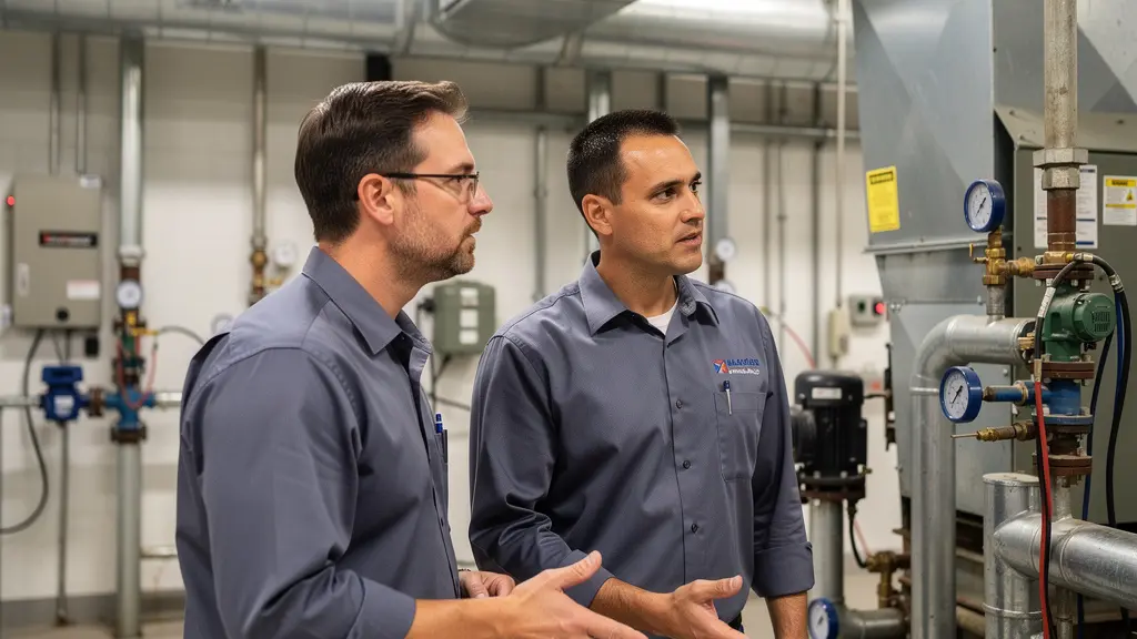Gestionnaire immobilier et technicien HVAC discutant devant équipement commercial au Québec