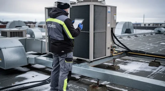 Technicien HVAC inspectant une unité de climatisation commerciale sur un toit de bâtiment au Québec