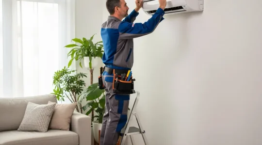 Technicien installant une climatisation murale dans un salon moderne