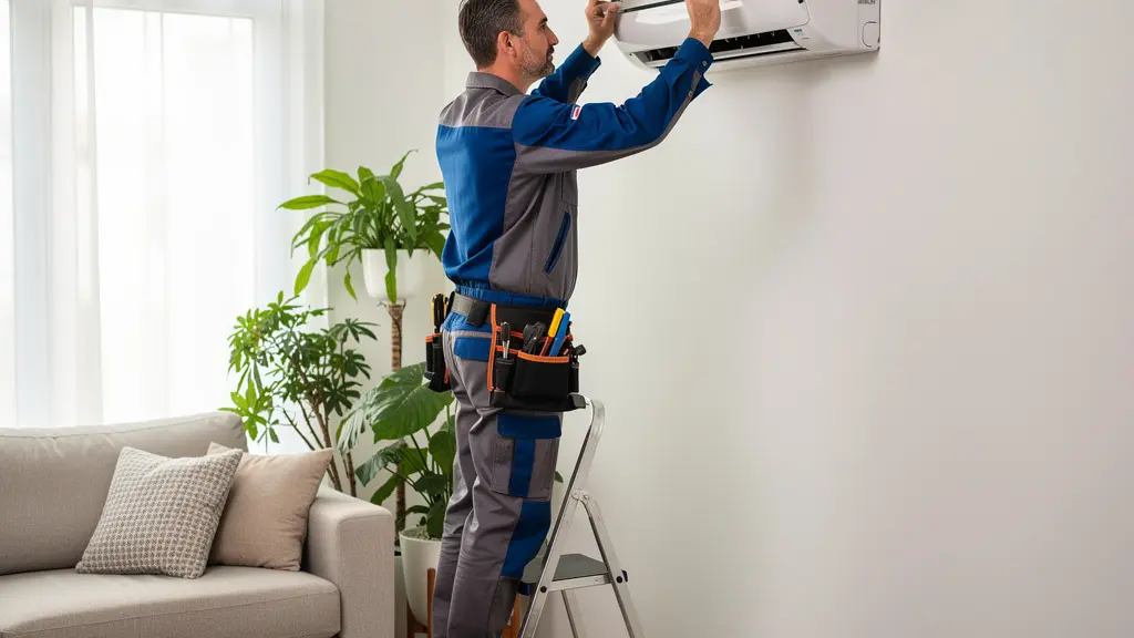 Technicien installant une climatisation murale dans un salon moderne