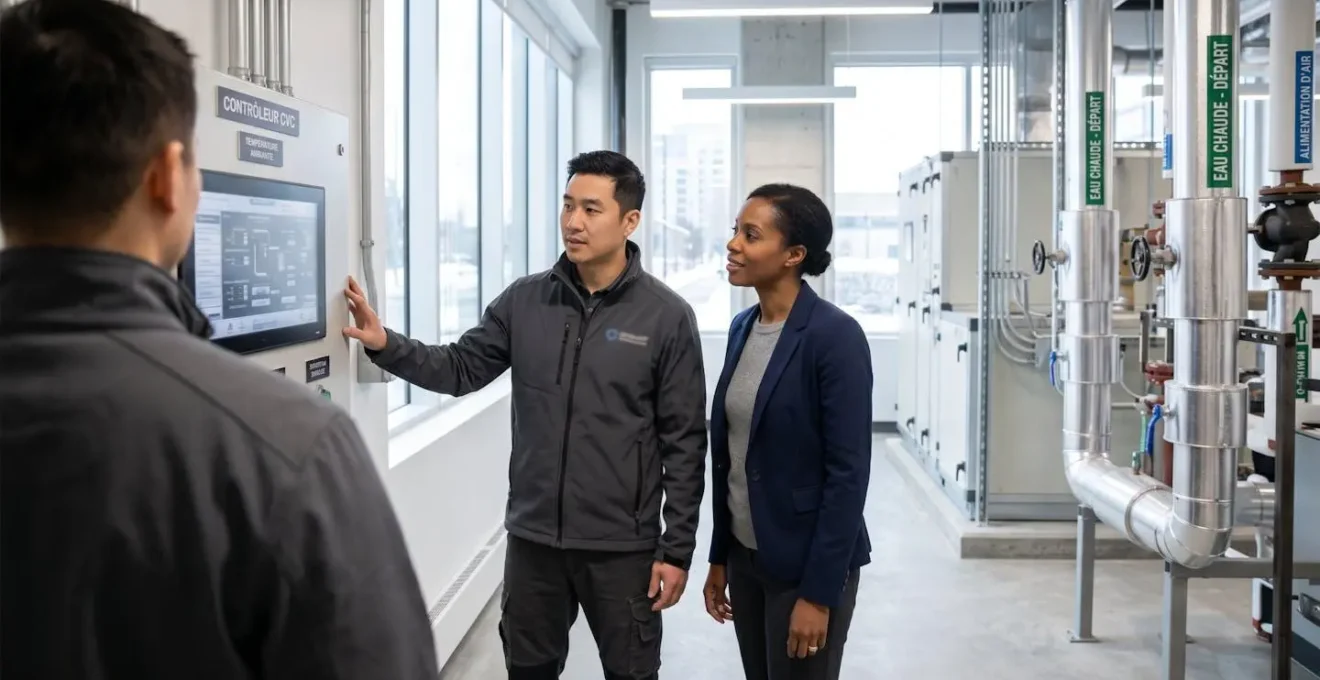 Un technicien CVC et un gestionnaire de bâtiment examinent ensemble un panneau de contrôle dans une salle mécanique moderne bien éclairée, échange professionnel documentaire sans regard caméra