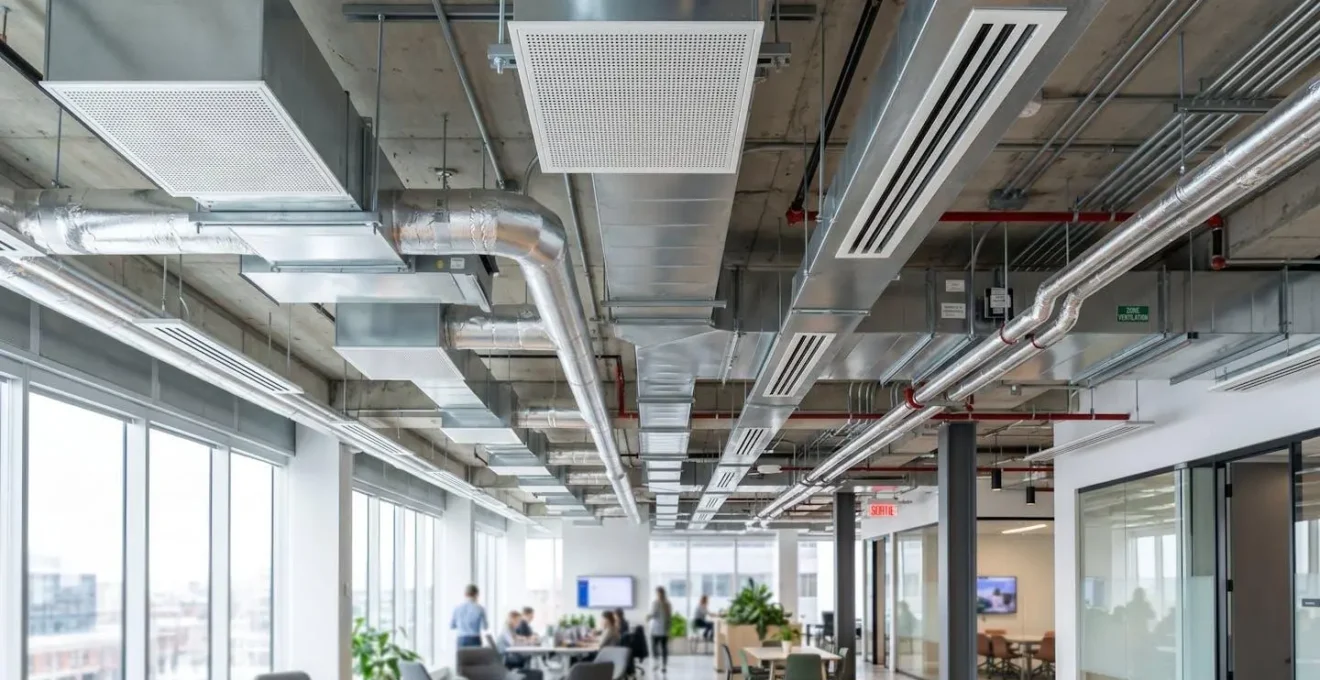 Vue en contre-plongée d'un plafond technique moderne montrant des conduits de ventilation CVC, diffuseurs d'air et grilles dans un espace commercial lumineux