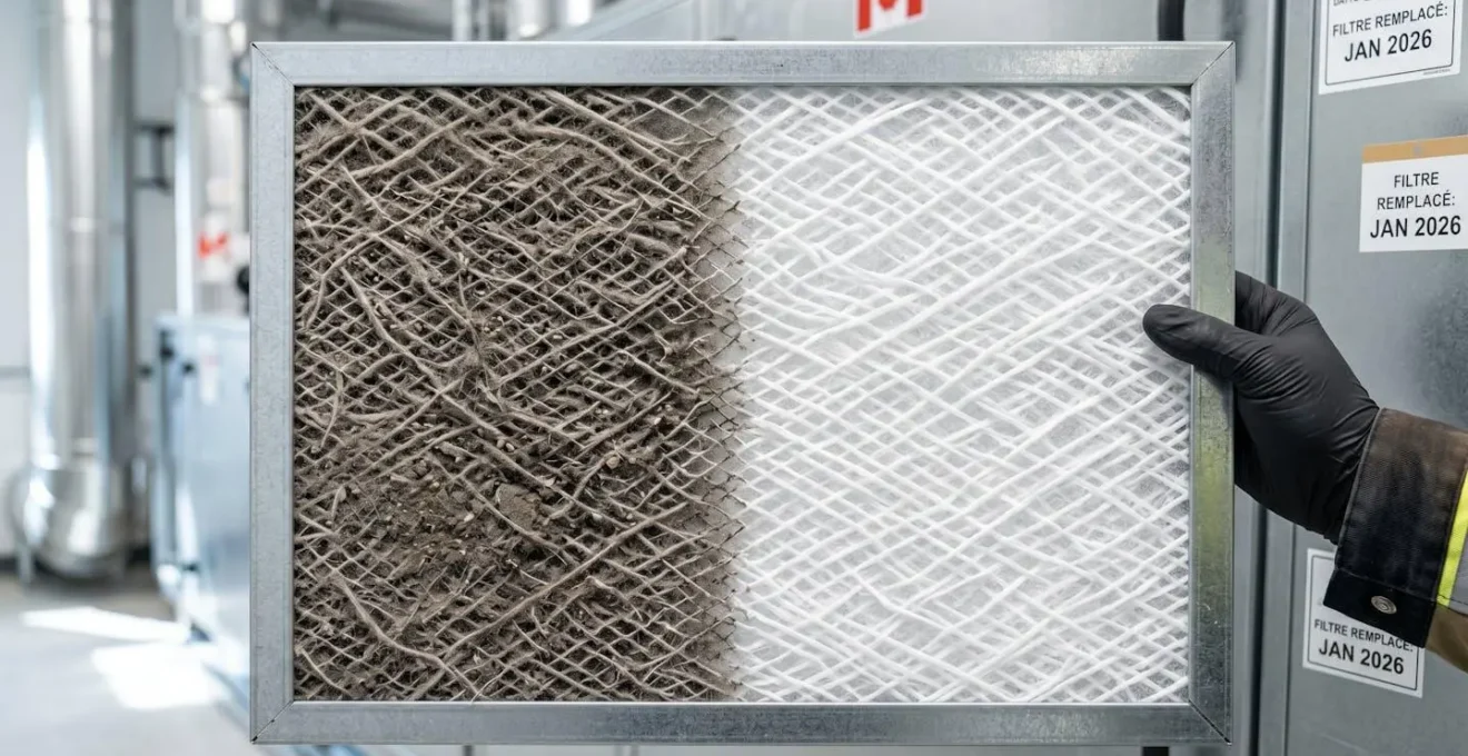 Gros plan macro sur un filtre CVC commercial montrant l'accumulation de poussières et particules sur les fibres, comparaison section encrassée versus propre