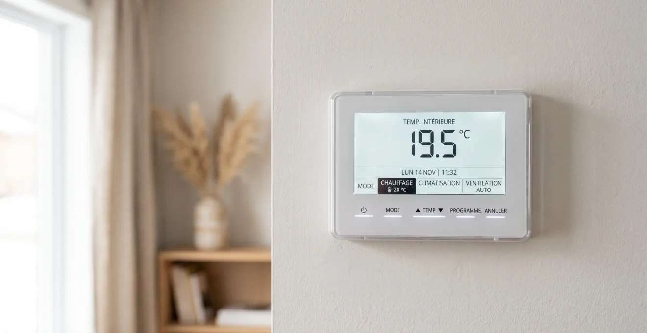 Thermostat programmable numérique de thermopompe centrale monté sur mur intérieur résidentiel, affichage en français avec température et modes de chauffage